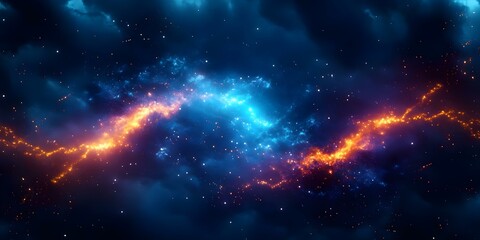 A vibrant cosmic scene featuring swirling clouds, bright stars, and glowing nebulae in shades of blue, orange, and purple. Concept Cosmic Artistry, Swirling Nebulae, Celestial Colors, Starry Night