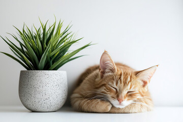 A serene orange cat peacefully sleeping beside a decorative green plant on a minimalist white background