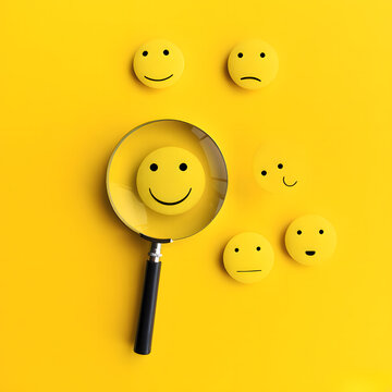 Customer review satisfaction feedback survey concept to gather insights and improve its services. A magnifying glass focuses on smile face among different feedback emoticons on yellow background