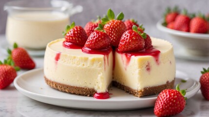 A smooth, creamy cheesecake crowned with a luscious strawberry sauce and garnished with juicy, ripe strawberries.