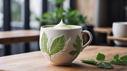 A steaming matcha latte in a pristine white ceramic mug, adorned with delicate leaf-shaped latte art, resting elegantly on a rustic wooden table.