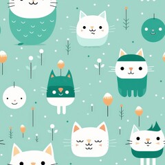 Vector art style cat, flat vector illustration, kitschy and cute, art deco midcentury retro vibe, ditsy details, solid mint green background 