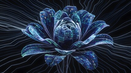 A flower blooming with petals made of shifting, iridescent code that slowly forms patterns of neural networks