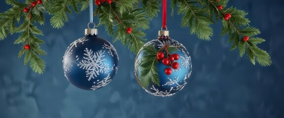 Hangable Christmas ornament with snowflakes and holly leaves on blue background,  ornaments, blue,  ornament