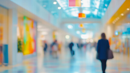 Fototapeta premium Abstract Blurred Shopping Mall Interior Colorful Design Background City Blue Light Space Store Urban