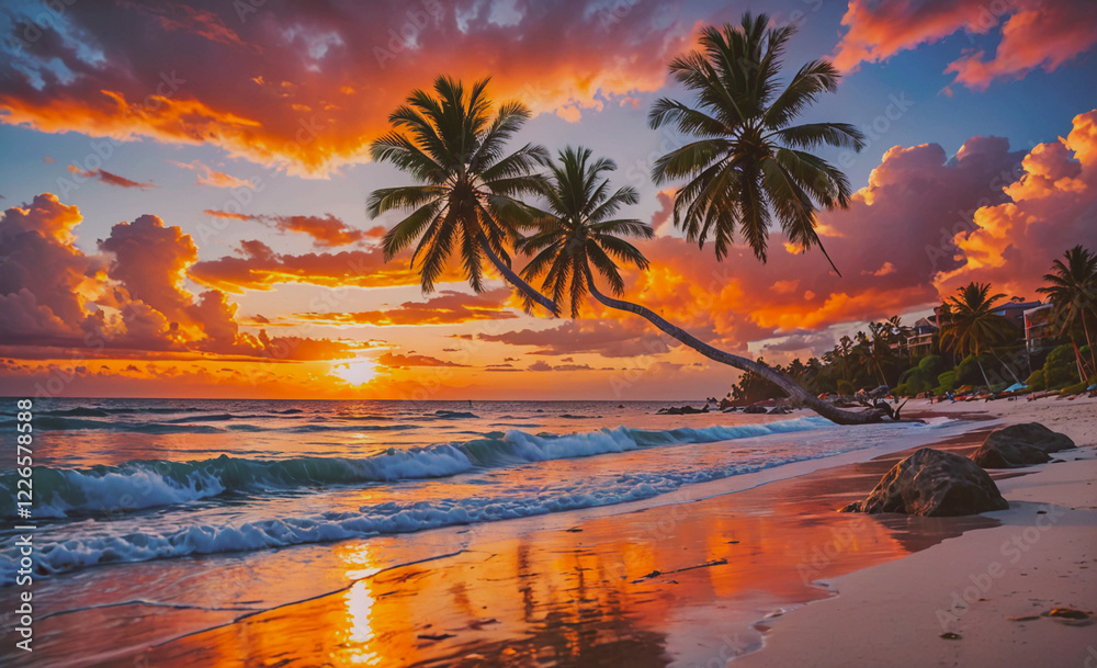 Aufkleber a beautiful sunset over the ocean with palm trees in the background. the sky is filled with clouds a