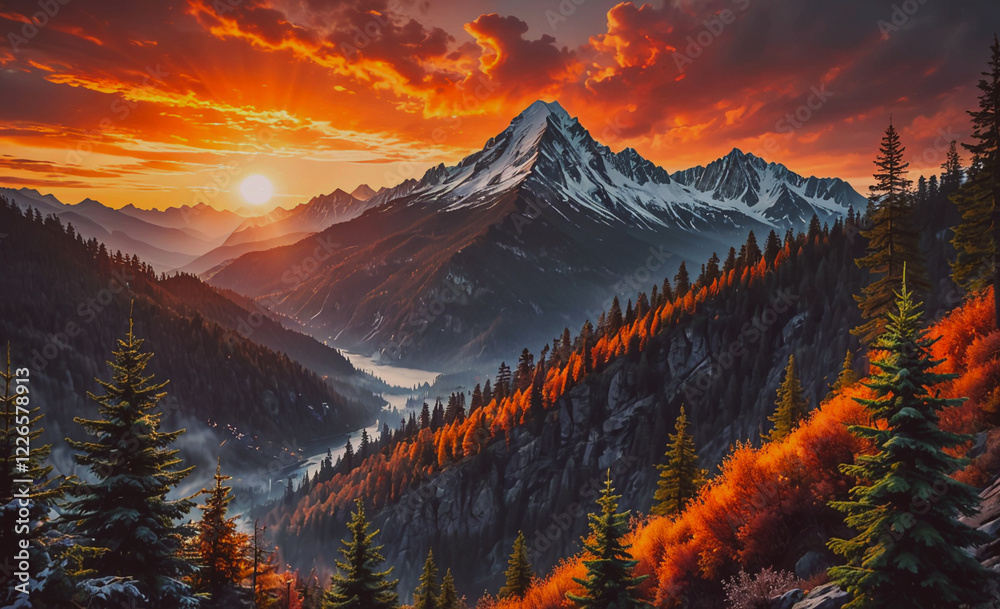 Poster a mountain range with a sunset in the background. the sun is setting behind the mountains, casting a