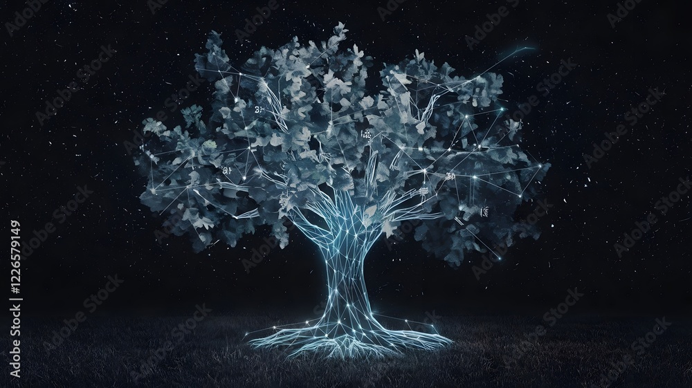 Wall mural a tree with leaves that display live digital data about the environment around it, constantly shifti