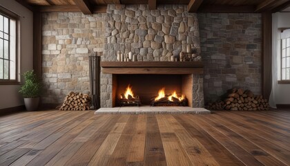 Reclaimed wood plank floor with stone fireplace ,  fireplace,  cozy,  stone