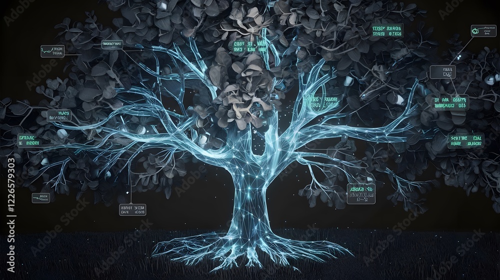 Wall mural a tree with leaves that display live digital data about the environment around it, constantly shifti