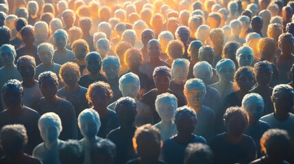 A diverse group of people rendered in a hazy, dreamlike style stand close together looking forward