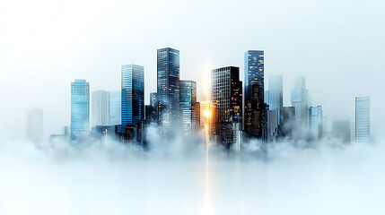 Fototapeta premium Urban skyline emerges from fog cityscape digital art modern environment aerial view futuristic concept