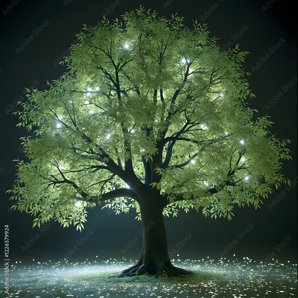 Wall mural a tree with leaves that display live digital data about the environment around it, constantly shifti