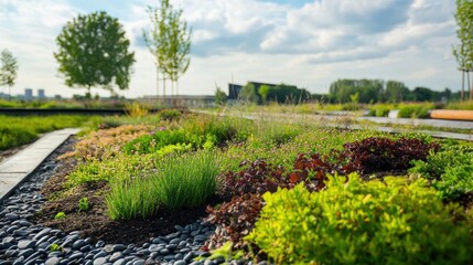 Obraz premium Lush Green Rooftop Garden with Pebbles and Trees in a Cloudy Sky Background