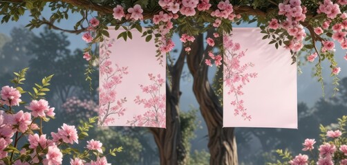 Two pink floral banners hanging from a tree branch, with flowers and leaves surrounding them,  greenery,  flowers,  natural