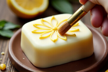 Soap decorated with a simple, elegant design using a brush. creativity hobby and handicrafts, diy, background for design.