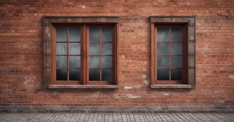 Fototapeta premium Vintage red brick wall with old window frames and rusty iron details , distressed, building, texture