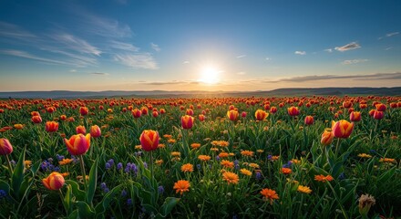Vibrant Tulip Field at Sunset: A Stunning Spring Landscape