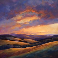 Serene Landscape: An Oil Brush Strokes Masterpiece of Rolling Hills and Vibrant Skies