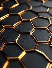 Black and Gold Hexagonal Pattern with a Metallic Finish and a Warm Light Glow Abstract