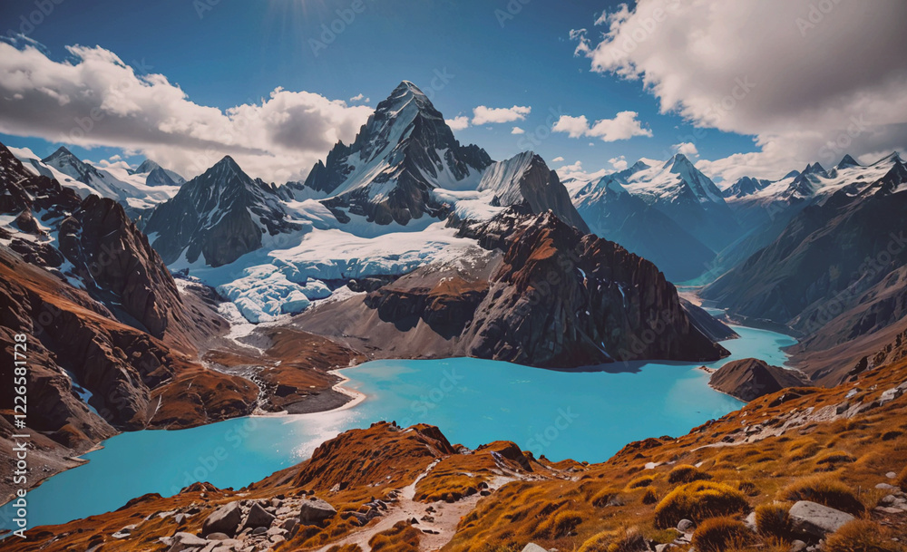 Poster a mountain range with a large body of water in the foreground. the mountains are covered in snow and