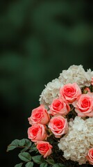 Romantic Coral Roses   White Hydrangeas Bouquet  Floral Arrangement  Wedding Flowers  Pret