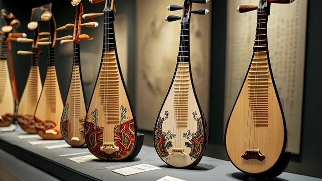 Traditional string instruments displayed in an artistic setting