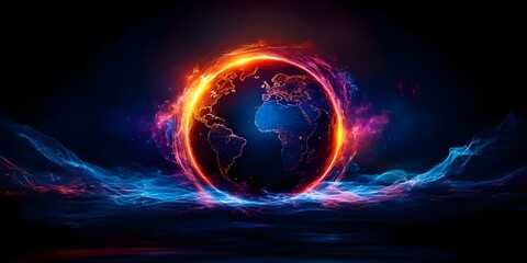 A vibrant representation of Earth surrounded by swirling flames and blue energy, set against a dark background. Concept Vibrant Earth Art, Swirling Flames, Blue Energy Effects