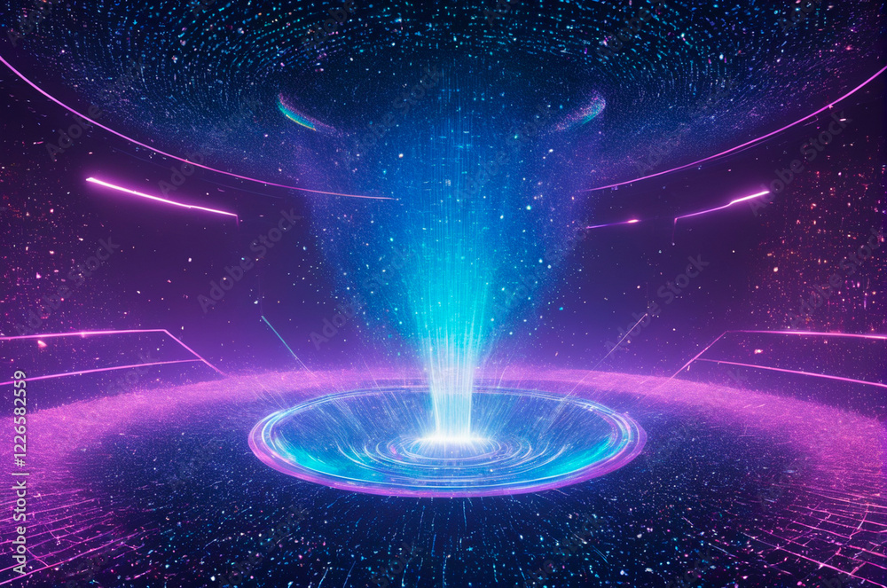 Wall mural holographic teleport made of many particles. generative ai.
