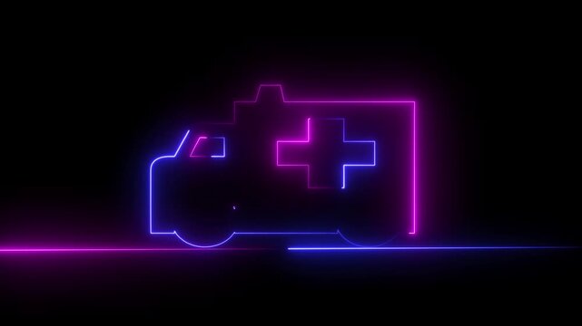 Abstract Glowing neon Ambulance and emergency car icon Neon glowing brown auto racing icon animation on black background.