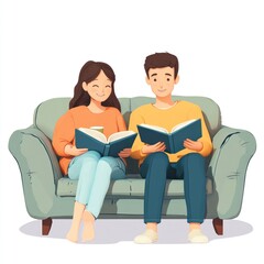 Cozy Couple Reading Together on Sofa with Warm Smiles and Joy