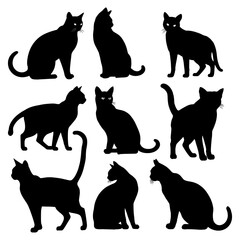 Collection of Nine Black Cat Silhouettes in Various Poses and Positions