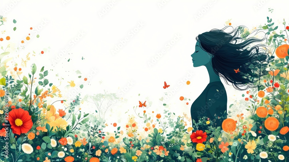 Wall mural A serene silhouette of a woman surrounded by vibrant flowers and butterflies in a tranquil garden