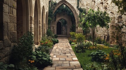 Fototapeta premium a historic monastery with towering stone walls and lush gardens.Architectural design elements modern interventions creativity 