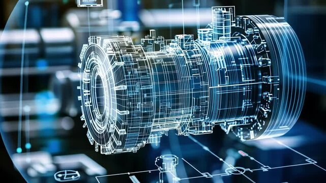 Complex wireframe model of a turbine rotating, showcasing advanced engineering and manufacturing processes in a high tech industrial environment, integrating virtual design with physical production