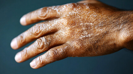 Close-up of Psoriasis:  A close-up image revealing the textured, scaly patches of psoriasis on a hand. The skin's natural tones and the rough.