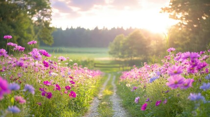 Fototapeta premium Dirt path winding through a vibrant field of pink wildflowers towards a forest during a warm golden hour sunset.
