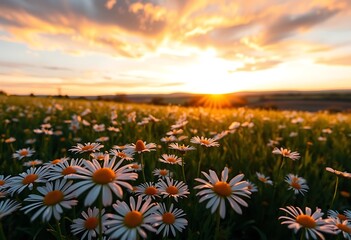 Fototapeta premium Sunset Daisies: A Serene Field of White Blooms in Golden Light