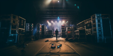 A Live stage production being built in an arena, stadium class live venue. Stage rigging equipment, lighting trusses, and PA systems being carried in.