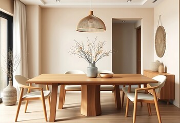 Serene Minimalist Dining Room: Light Wood Table, Elegant Decor