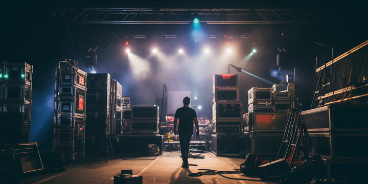 A Live stage production being built in an arena, stadium class live venue. Stage rigging equipment, lighting trusses, and PA systems being carried in.