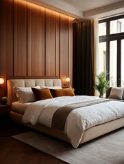 Modern bedroom design with natural light and warm tones