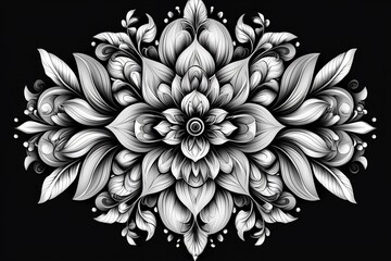 Intricate black and white floral design featuring detailed leaves and petals on a dark background