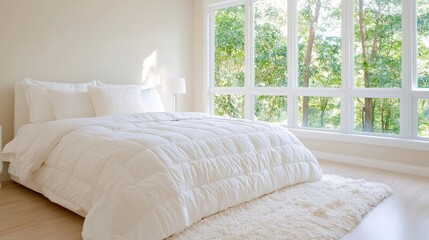 Sunlit bedroom with white bedding, large windows showing trees, hardwood floor, and fluffy rug. Use Real estate, home decor