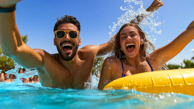 Man Splashing Woman in Pool on Sunny Day