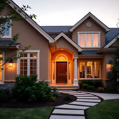 Obraz premium Luxury Home Exterior at Night: Elegant Architecture and Landscaping