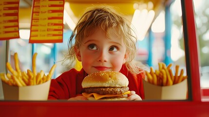 A child pretending to run a food truck, serving toy burgers and fries through a cardboard window decorated with bright menus