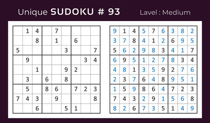 Vector sudoku puzzle with answer. Sudoku, number puzzle game with numbers for kids and adults.