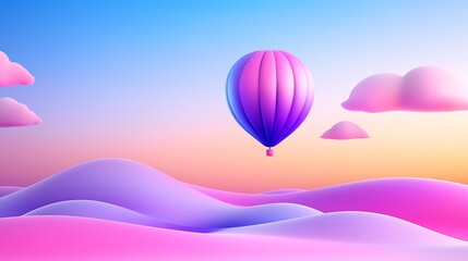 Obraz premium Pastel Hot Air Balloon Floating Over Dreamy Landscape at Sunset