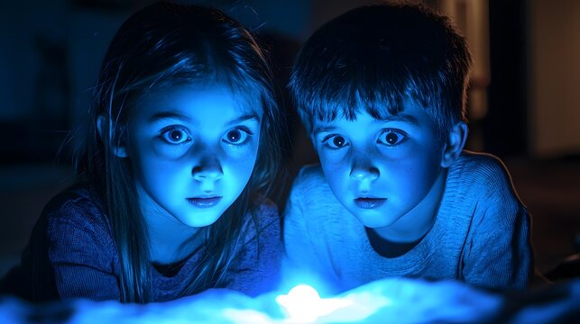 Siblings reenacting a Northern Lights tour, using toy flashlights to simulate glowing auroras in a dark room
